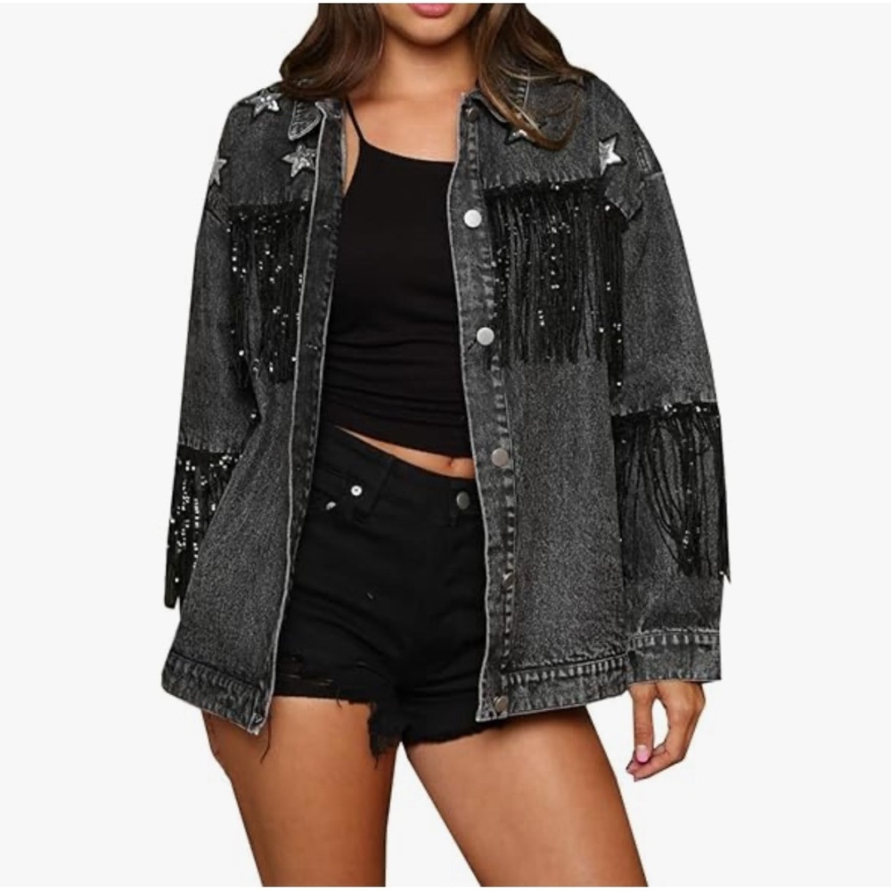 Womens Star Sequin Fringe Denim Jean Jacket | Size Small